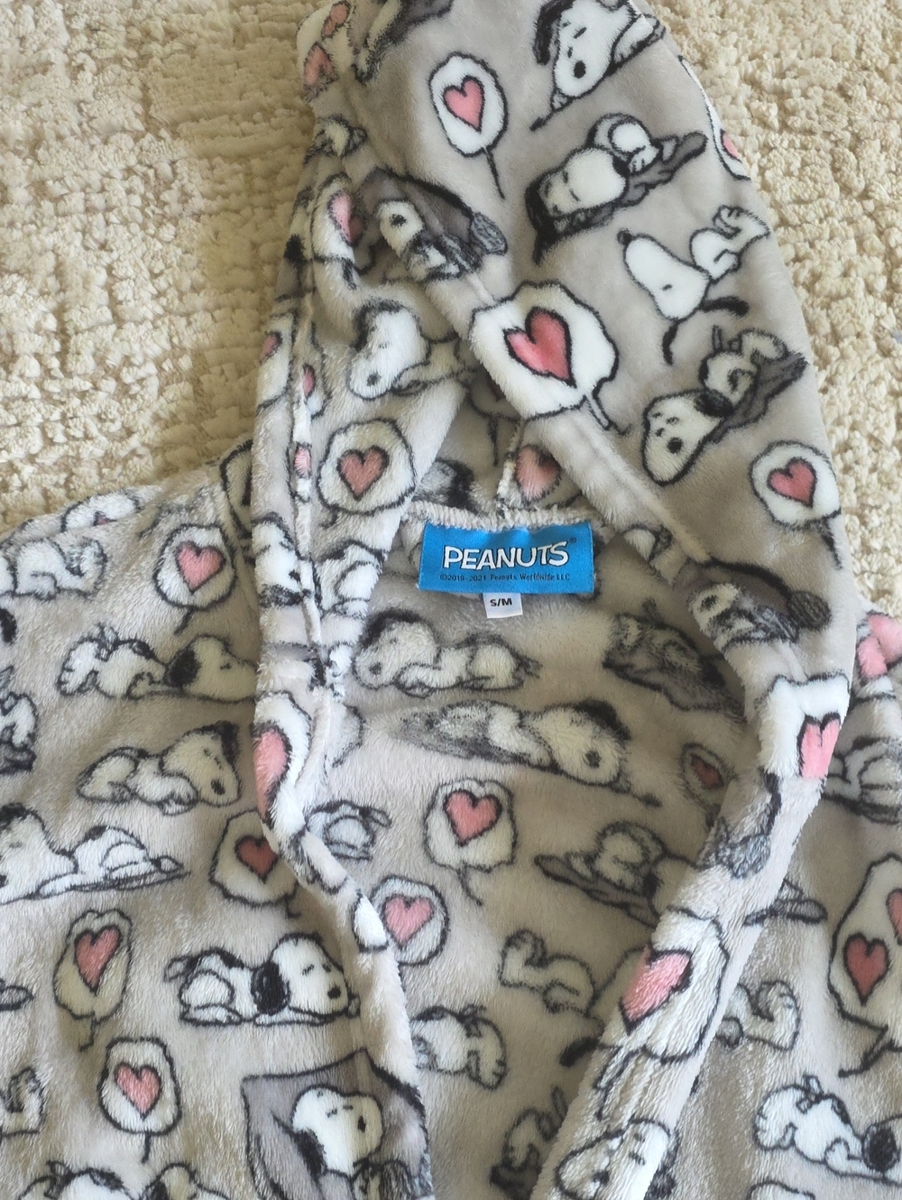 Peanuts Kids Hooded Fleece Robe in Gray with Pink Hearts